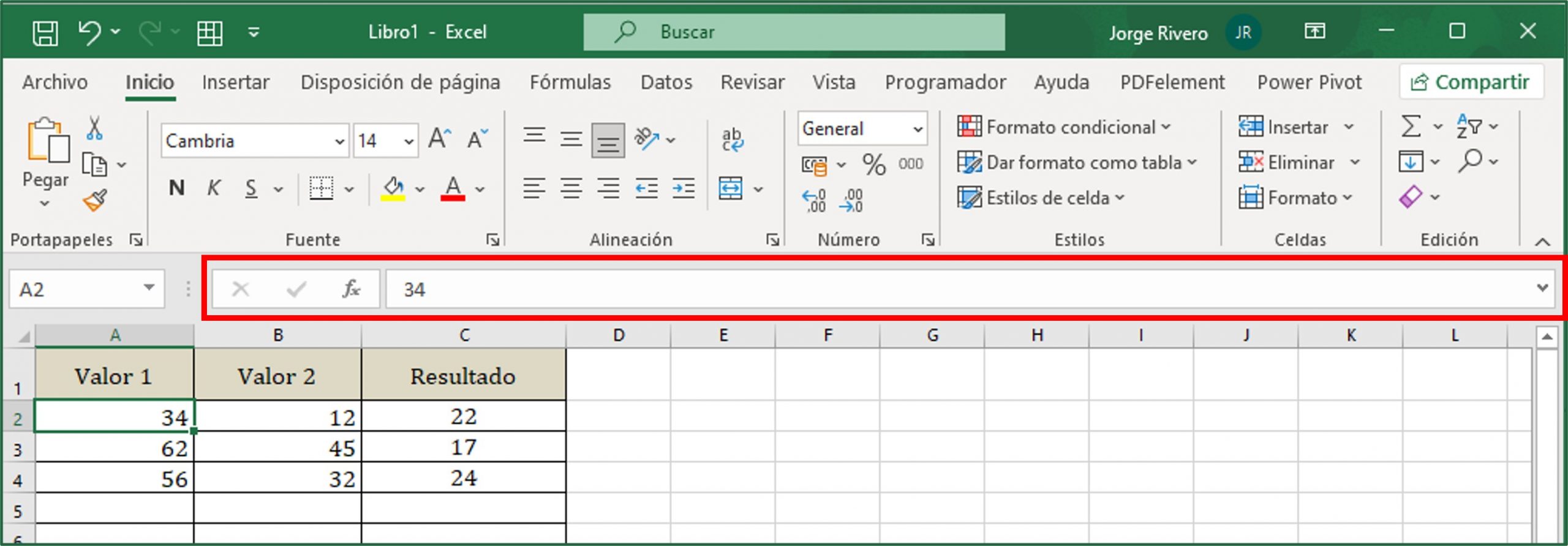 Barra de fórmulas de Excel