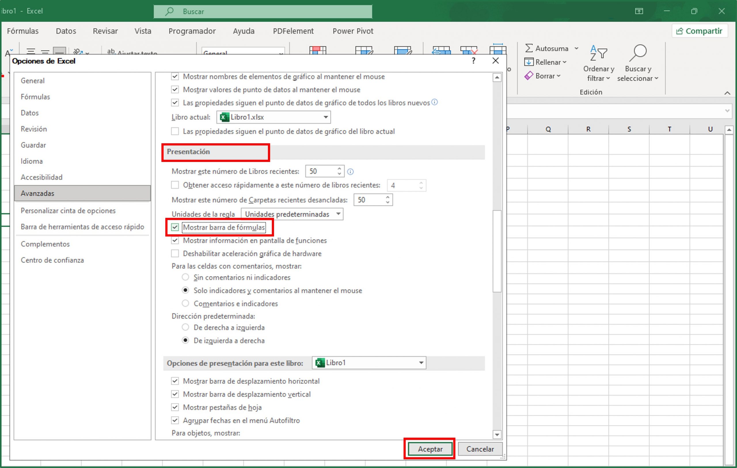 barra de fórmulas de Excel