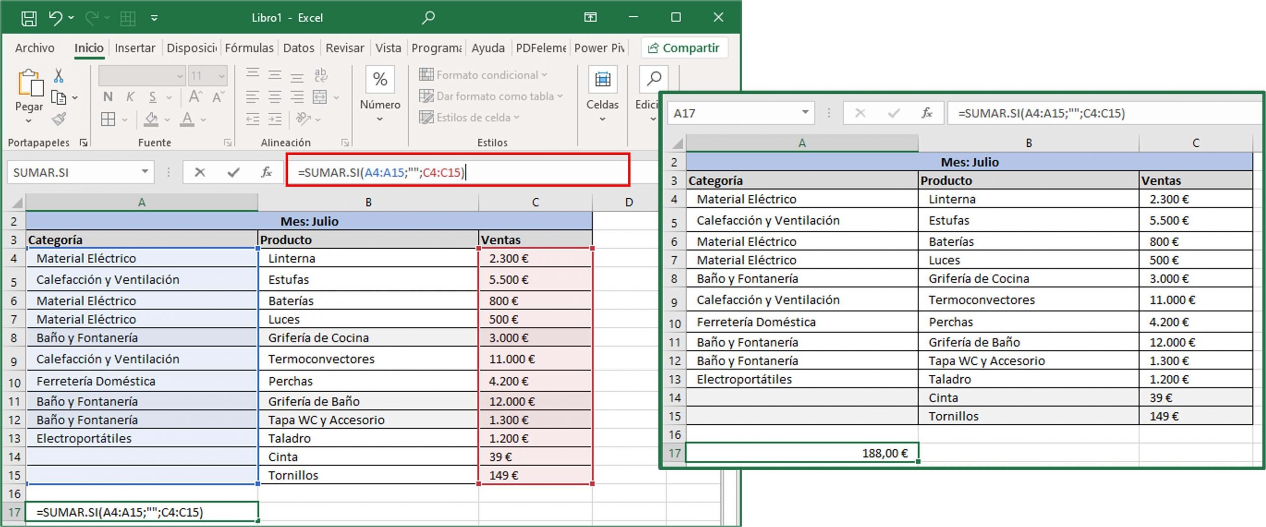 SUMAR.SI en Excel
