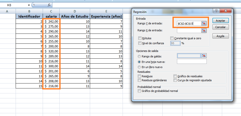 regresión lineal en excel