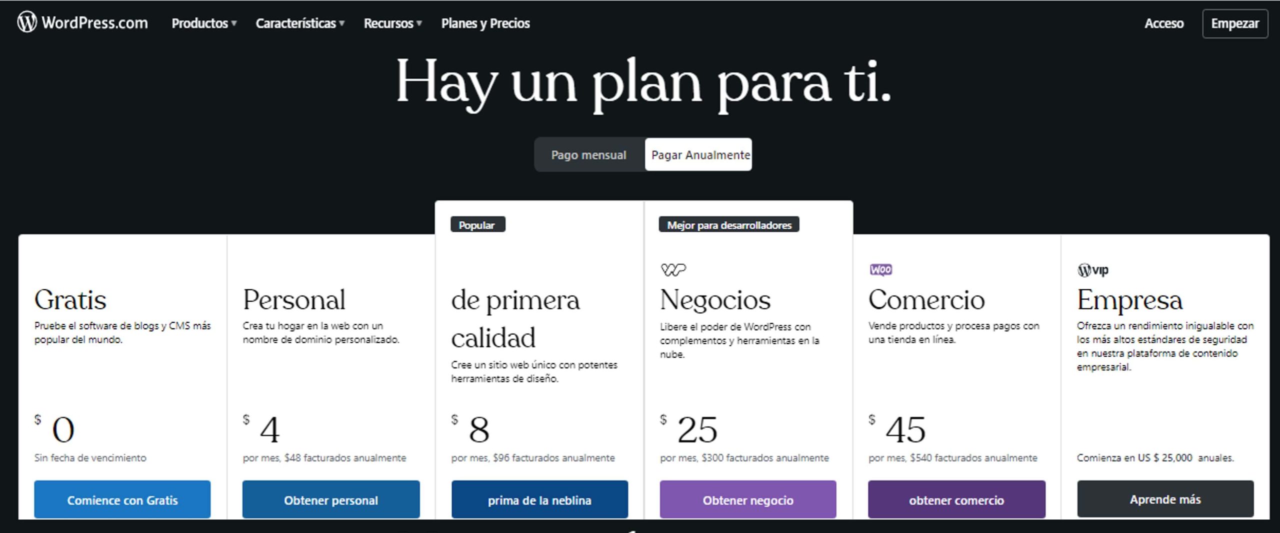 Precios de WordPress